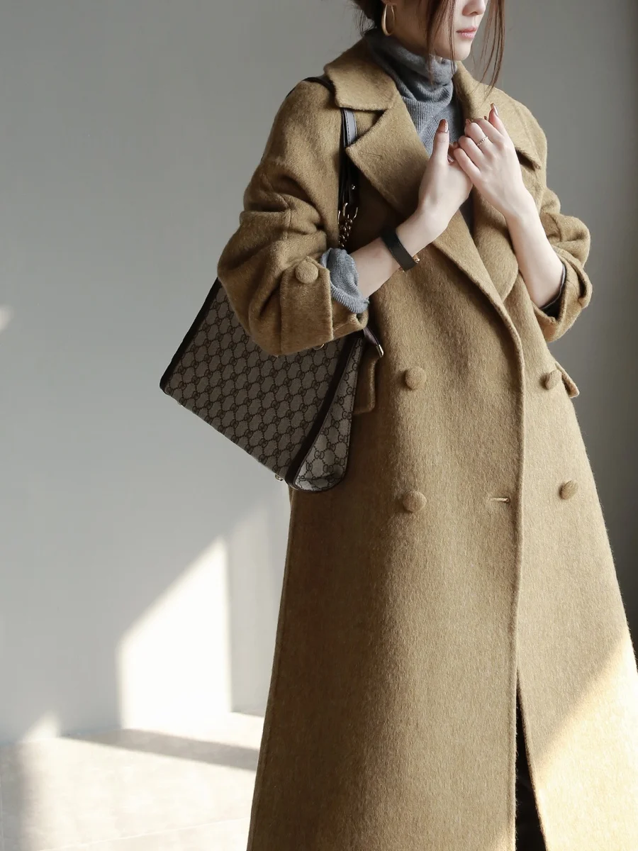 

Warmo2023 Winter Long Double-breasted Silkworm aped Aozhou Ultrine Wool Tweed Coat Women's Outerwear Ele Commute Sle