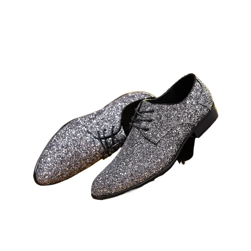 Oxford Fashion Designer Men Flats Large Size Luxury Men Dress Gold Silver Sequin Wedding Shoes High Quality Lace-Up