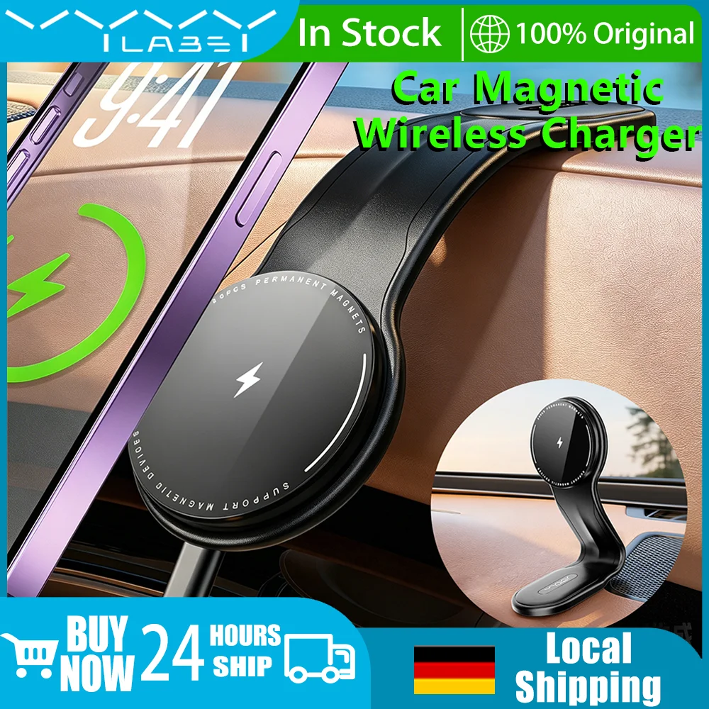 Magnetische Kfz-Ladehalterung mit kabellosem Ladegerät (15 W Schnellladefunktion) – Hochwertiger, faltbarer Aluminiumarm – Kompatibel mit iPhone 17/16/15/14/13/12 Pro Max, Samsung und allen
