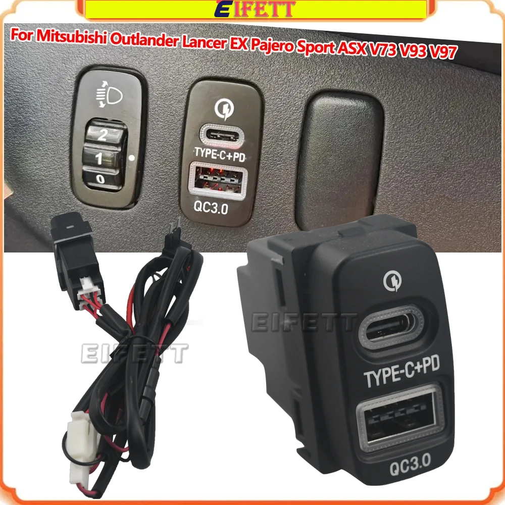 

Автомобильное зарядное устройство с двумя портами USB Type-C PD+QC3.0 для Mitsubishi Outlander Lancer EX Pajero Sport ASX V73 V93 V97 2007-2012