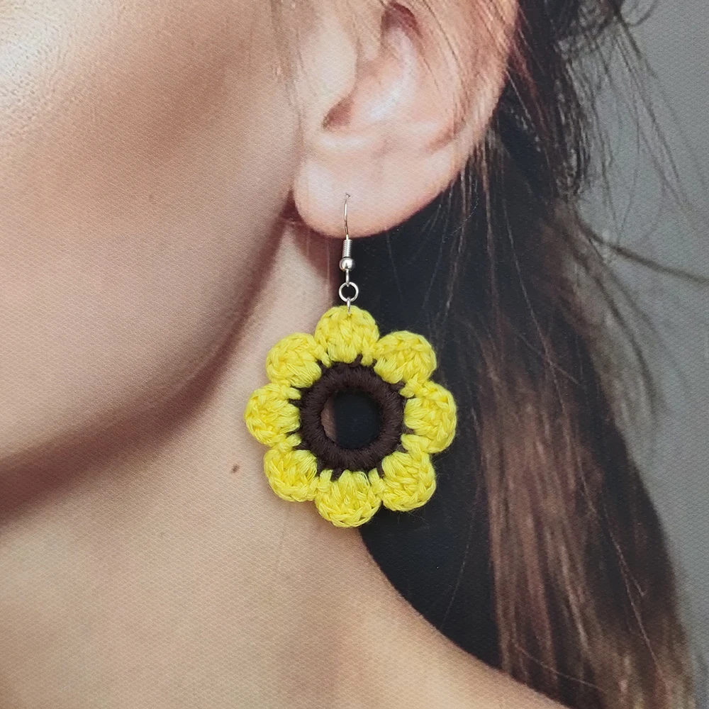 Women New Sunflower Earrings Crochet Boho Flower Earrings