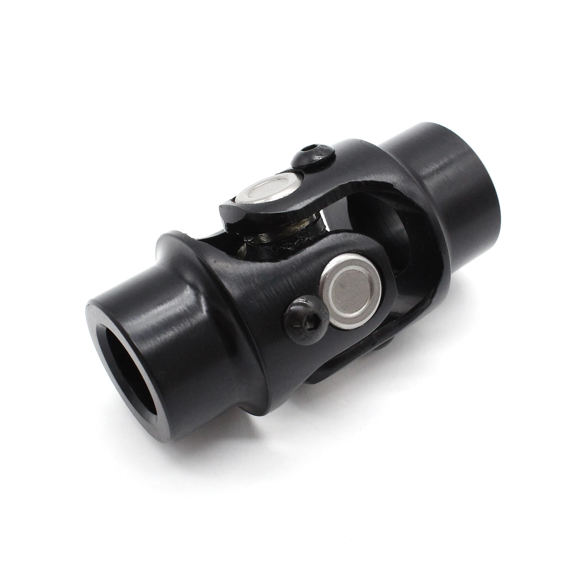 Steering Wheel Universal Joint, Made of Black Steel, Single-Joint Design, 3/4-inch Round x 3/4-inch Round, Total Length 3-1/4 inch, Outer Diameter 1-5/8 inches.