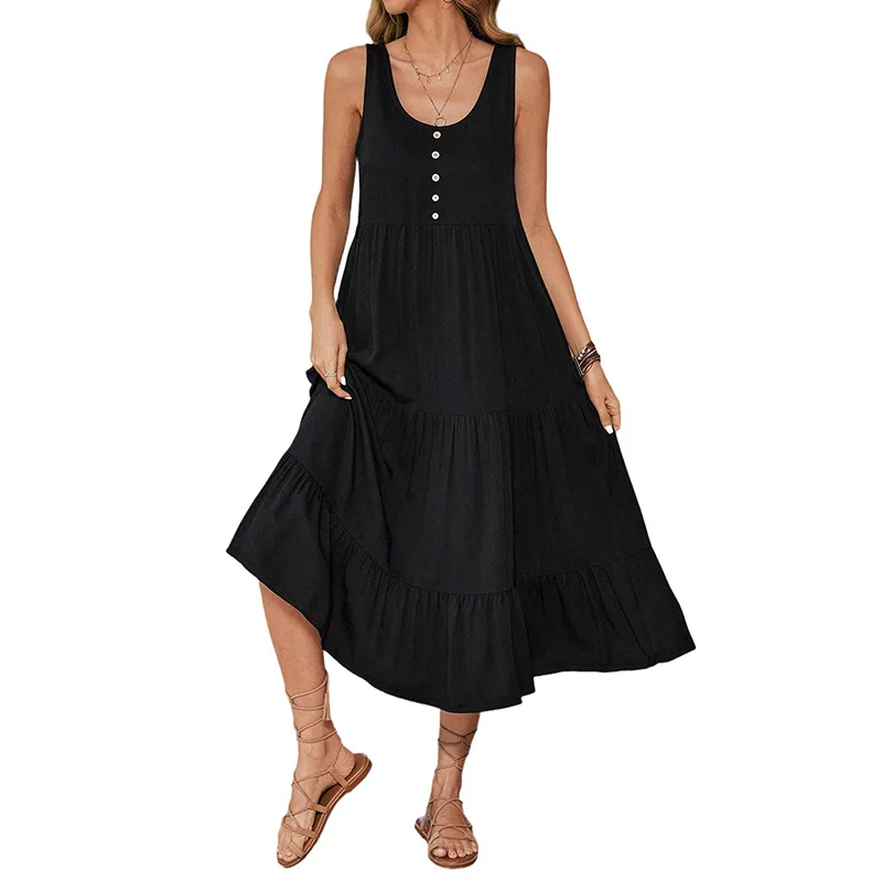 ロングドレスストリート 2025 夏キャミソールドレスボタンノースリーブ無地セクシーな黒のドレス