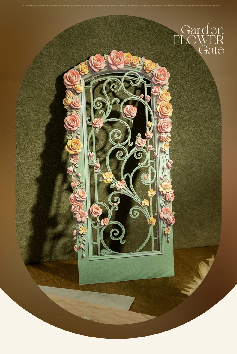 Journal GO 10pcs Garden Flower Gate Embossed Stickers 3D Wood Paper Floral Iron Gate Decal for Journaling Scrapbooking Card DIY