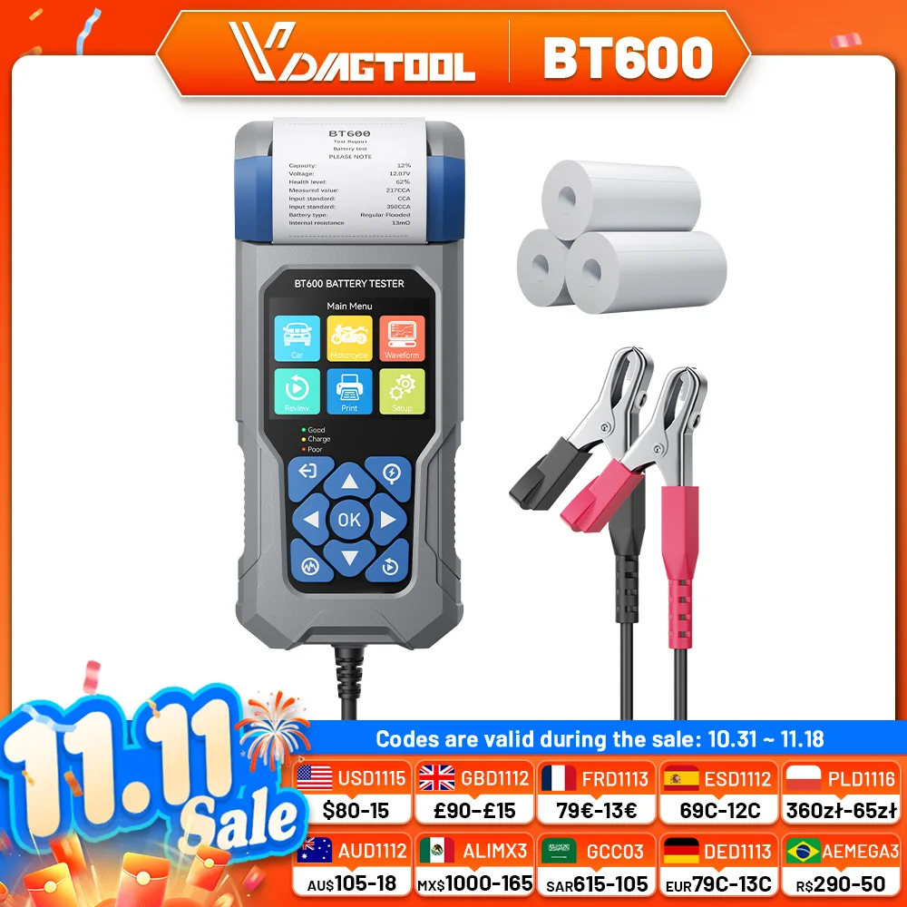 VDIAGTOOL BT600 Battery Tester with Printer  6V/12V/24V Cranking Test&Charging Test Data Review capacity AGM/GEL/EFB Analyzer