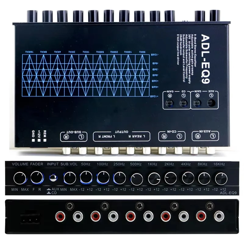 ADL-EQ9 9 Band Car Audio Graphic Equalizer 8V High Voltage Line Driver Front Rear Subwoofer Output 1/2 DIN Stereo Preamp