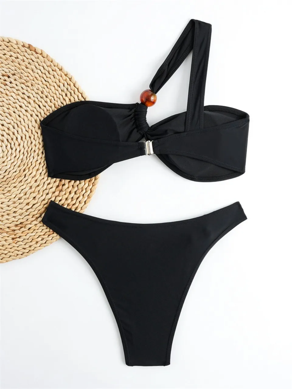 2026 Jednoczęściowe bikini z odkrytym ramieniem, seksowny czarny strój kąpielowy bandeau, damski strój kąpielowy z koralikami, strój plażowy dla kobiet, kostium kąpielowy do pływania