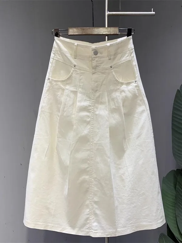 

Folded High Waist Midi Skirt Women's A-Line Umbrella Skirt Beige New Faion Versatile Covering Flaws f-length Skirt