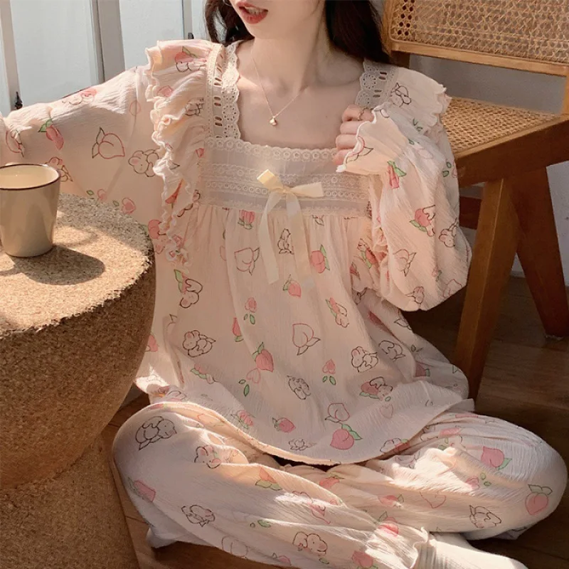 Lace Princess Style Girl Long Sleeve Pajama Woman Sweet Student ins Style Autumn 2024 New Loungewear Set Long Pants