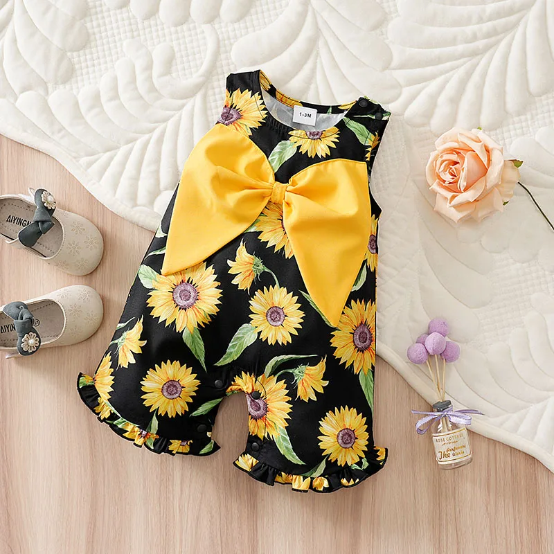 Summer Newborn Baby Girls Sleeveless Sunflower Print Romper, Big Yellow Bow Ruffle Hem Summer Infant Jumpsuit 0-18M