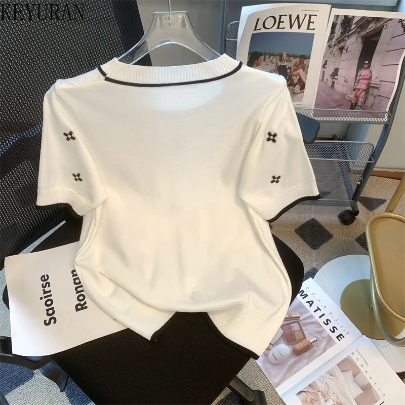 2024 Summer Embroidery Short Sleeve Sweater Women Ice Silk Knit T-Shirt Thin Pullovers Casual Loose Knitwear Tops Female Jumper