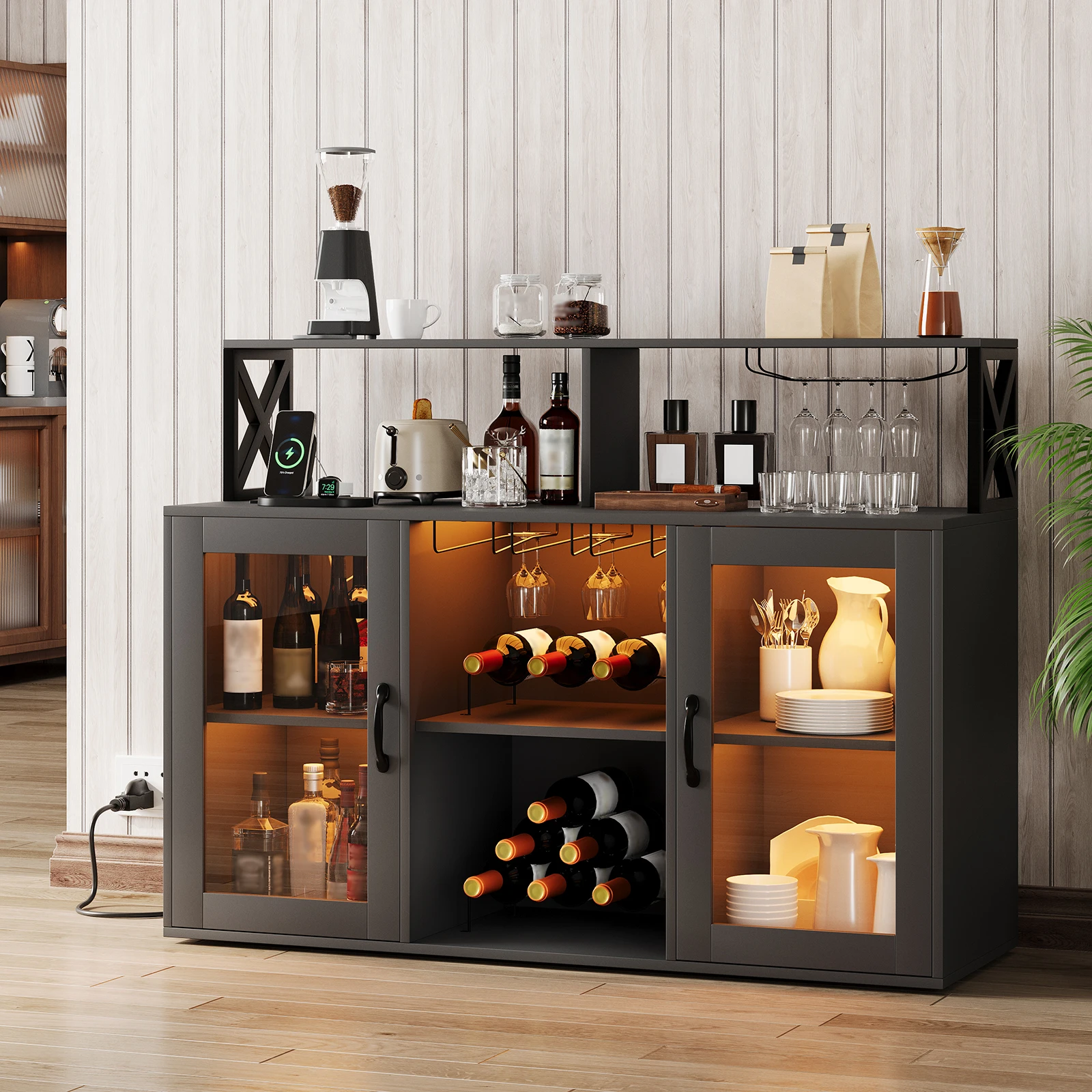 2-in-1 Industrial Kitchen Island, Wine Bar Cabinet with LED Lights & Power Outlets, 4-Tier Bar Table Sideboard with Open Shelves, Stemware Holders Win