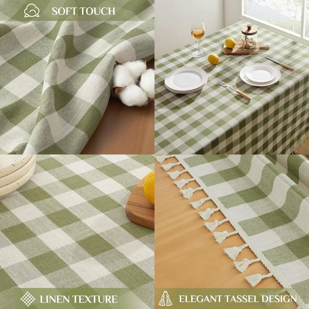 

Sage Buffalo Plaid Tablecloth, 55x102 Inches, Heavy Linen, Tassel Trim, Washable & Wrinkle-Free for Dining and Parties
