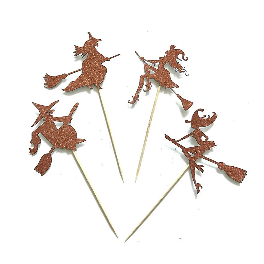 4 Stück Cupcake-Topper mit Hexenmotiv für Halloween, inklusive Tortenstäbchen zur Dekoration und als Gastgeschenke für Partys. – Detail 8