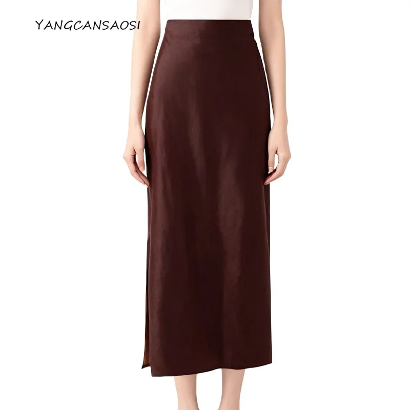 

2025 Women's Fashion Autumn Clothing 100% Natural Mulberry Silk Red Cloud Yarn Retro Split Elastic Waist Straight Tube Skirt
