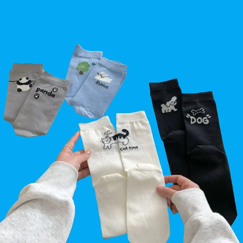 5/10 Pairs Cartoon AB Animal Panda Puppy Korean Style Ins Trend Japanese Style Cute Girls Long Socks Women's Middle Socks