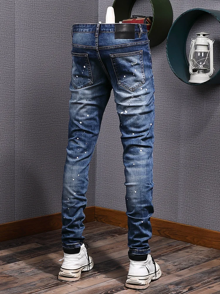 

Винтажные мужские джинсы с разбрызгами чернил и рваными заплатками, потертые пятна, ретро, эластичные узкие брюки