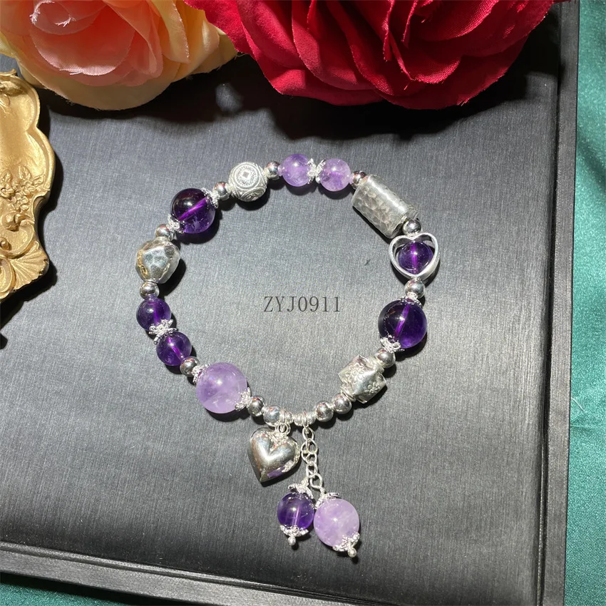 민족 구슬 925 스털링 실버 여성 팔찌 쥬얼리 레트로 자수정 술 심장 매력 팔찌 새해 선물