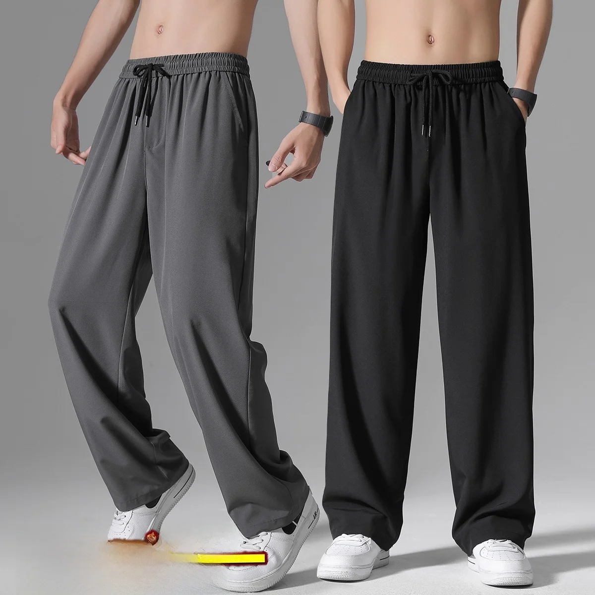 Ice Silk Casual Sweatpants Men Summer Quick Dry Loose Straight Thin Long Pants Comfortable Breathable Lightweight Trousers