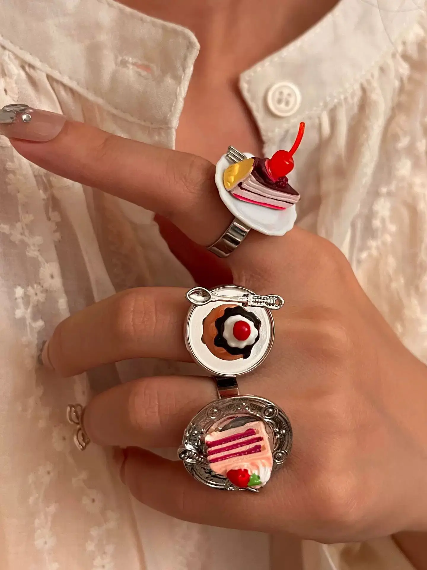 Strawberry Cake Rings Jelly Pudding Ice Cream Cherry Fruit Ring Exaggerated Vintage Chunky Girls Rings Cute Accessories