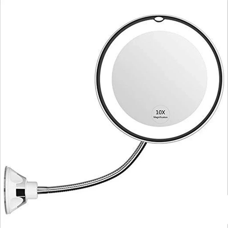 Zuignap Ronde Make-Up Spiegel Met Led Licht 10X Vergrootglas Wall Mount Flexibele Slang 360 Graden Roterende Badkamer Spiegel