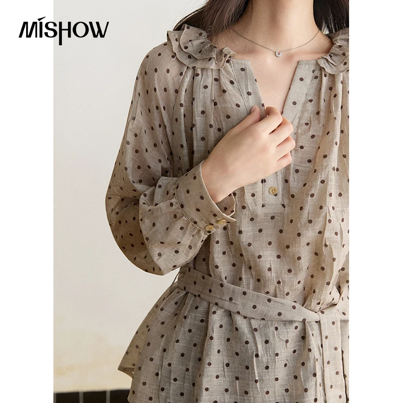 MISHOW Women's Blouse Airy Lightweight Polka Dot Tie Waist Cinched Shirt 2026 Autumn French Design Commuter Clothing MXF45X2802