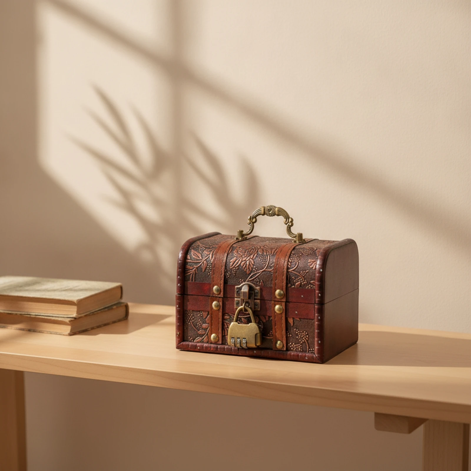 Wooden Chest with Curved Lid Vintage Wooden Storage Chest with Handle Jewelry Organizer with Lock Embossed Decorative for Desks