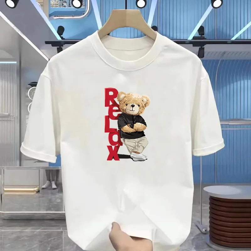 

Мужская летняя модная повседневная свободная футболка из 100% хлопка большого размера с принтом медведя, спортивная футболка с круглым вырезом и короткими рукавами, топ