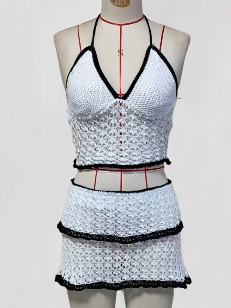 水着スカートカバーアップ2点セット レディース クロップトップとミニスカート 水着 ファッション 無地 ホロー セクシー ビーチカバーアップ衣装