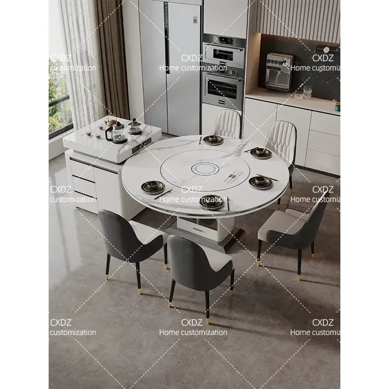 Round Island Dining Table and Chair Set with Built-in Turntable Induction Cooker Retractable Sintered Stone Kitchen Furniture