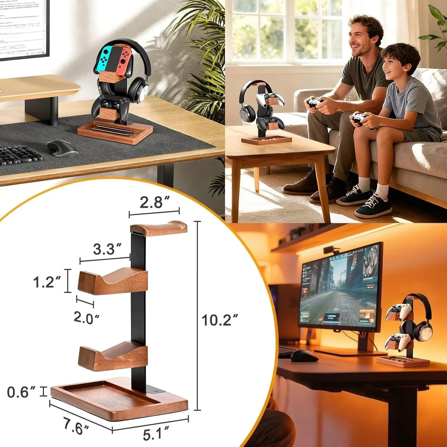 Wooden Gamer Handle Bracket  Multi Functional  Earphones Hange Headphones Stand Solid Wood Metal Gaming Headset Display Shelf