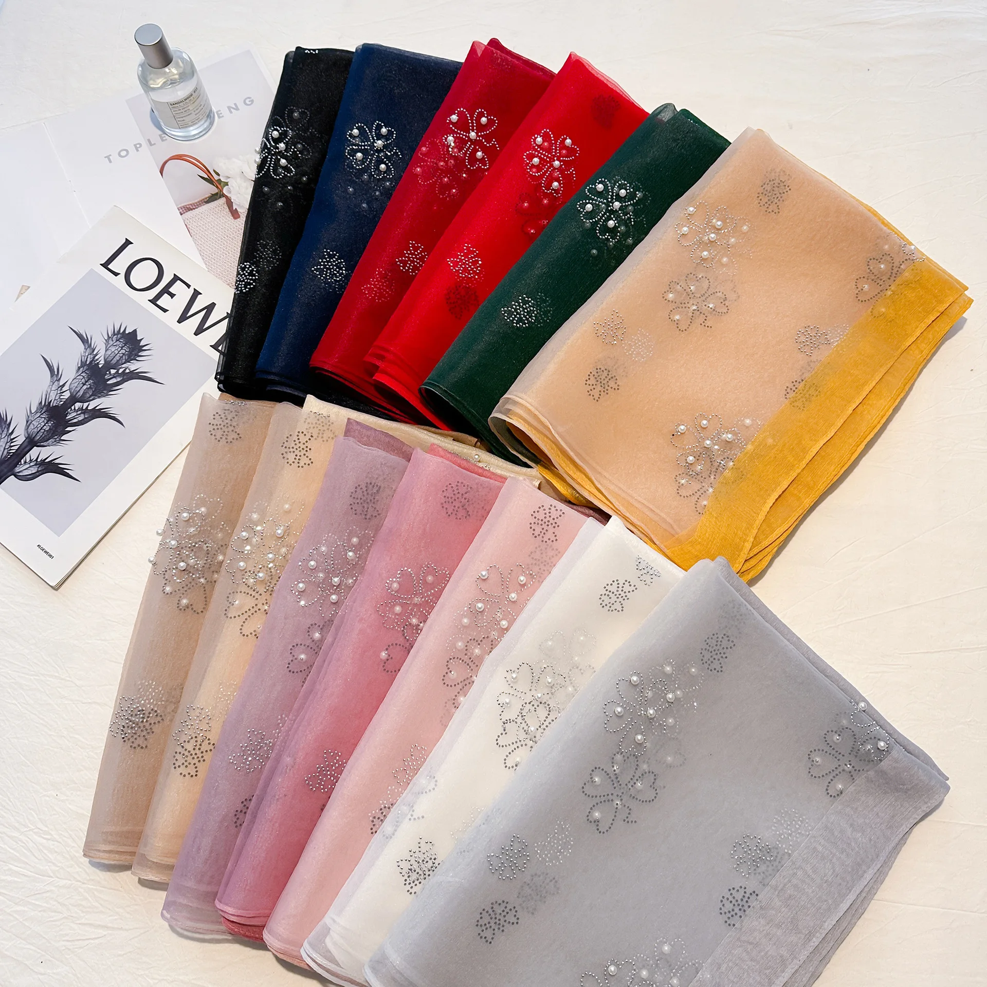 Perle Koreanische Blume Stickerei Schal Elegante Strass Dünne Seide Schal Rose Luxus Frauen Hijab Schals Dame – Detail 2