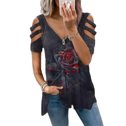 Elegant Large Rose Print T-Shirt Women Summer Hollow Out Splicing Short Sleeve Tops Fashion Loose V Neck Zipper Female Tees 2024