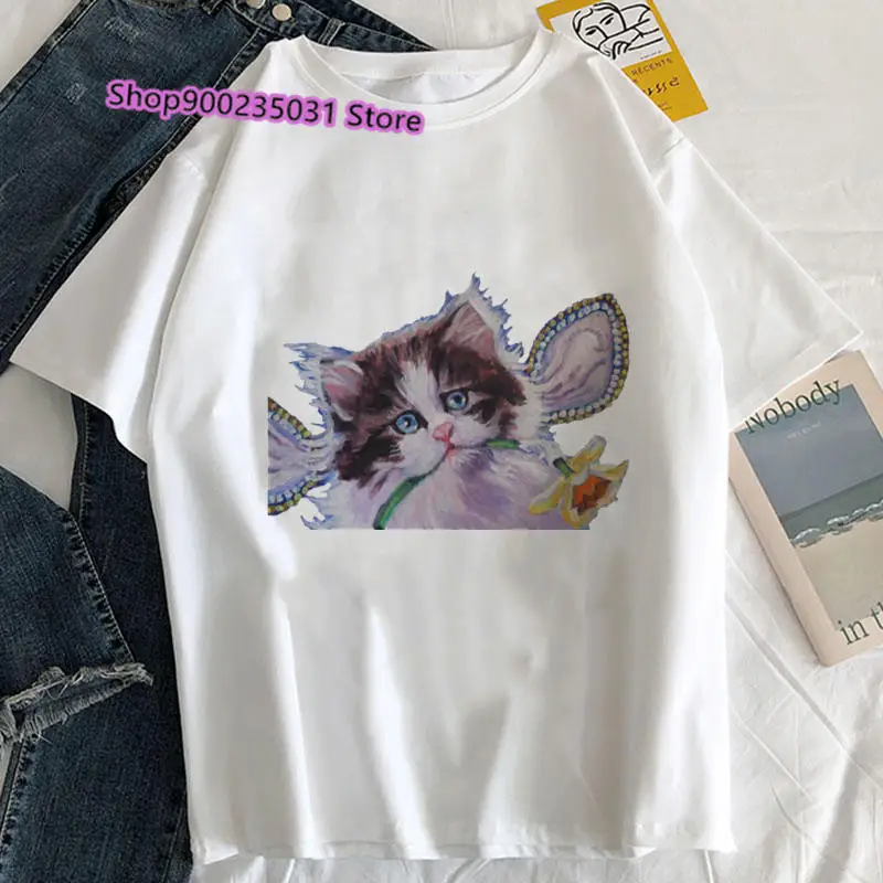 Cute Angel Cat magliette donna magliette estetiche stampate girocollo T-shirt stile coreano per abbigliamento Vintage Harajuku da donna