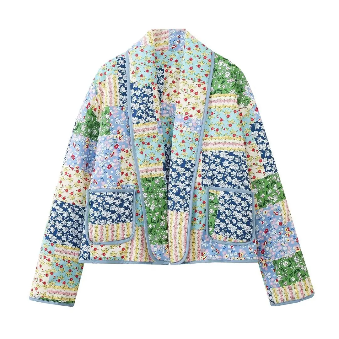 

European and American Style Spring and Autumn Winter Casual Loose Retro Patchwork Printed Long Sleeved Cotton Jacket Women