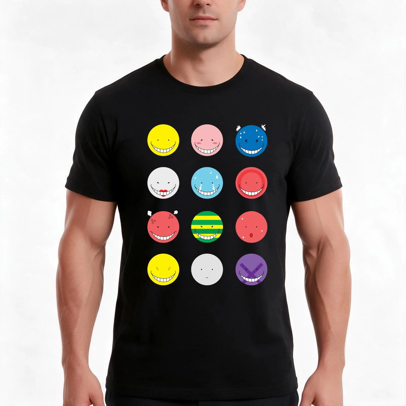 Koro Sensei Emotions T-Shirt, Summer Casual Cotton Tee, Oversized Streetwear Tops, Vintage Graphic Print, Loose Fit Short Sleeve