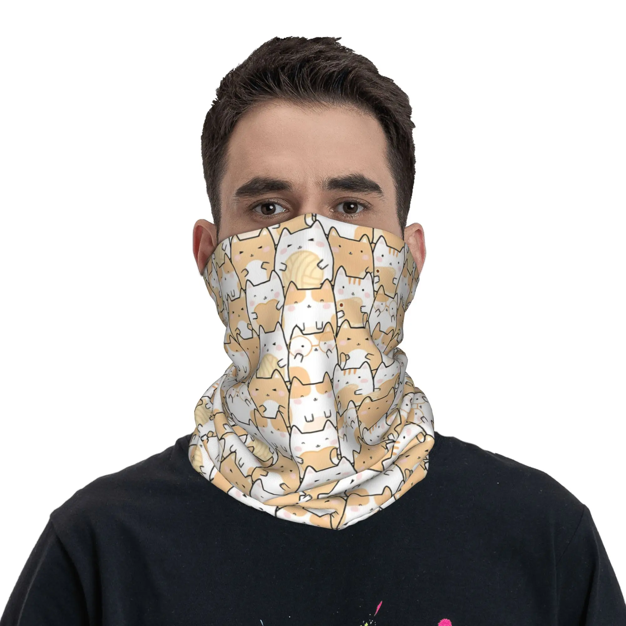 Kawaii Cute Cats Orange  Bandana Neck Cover Printed Cats Pattern Wrap Scarf Multi-use Balaclava Fishing Unisex Adult Windproof