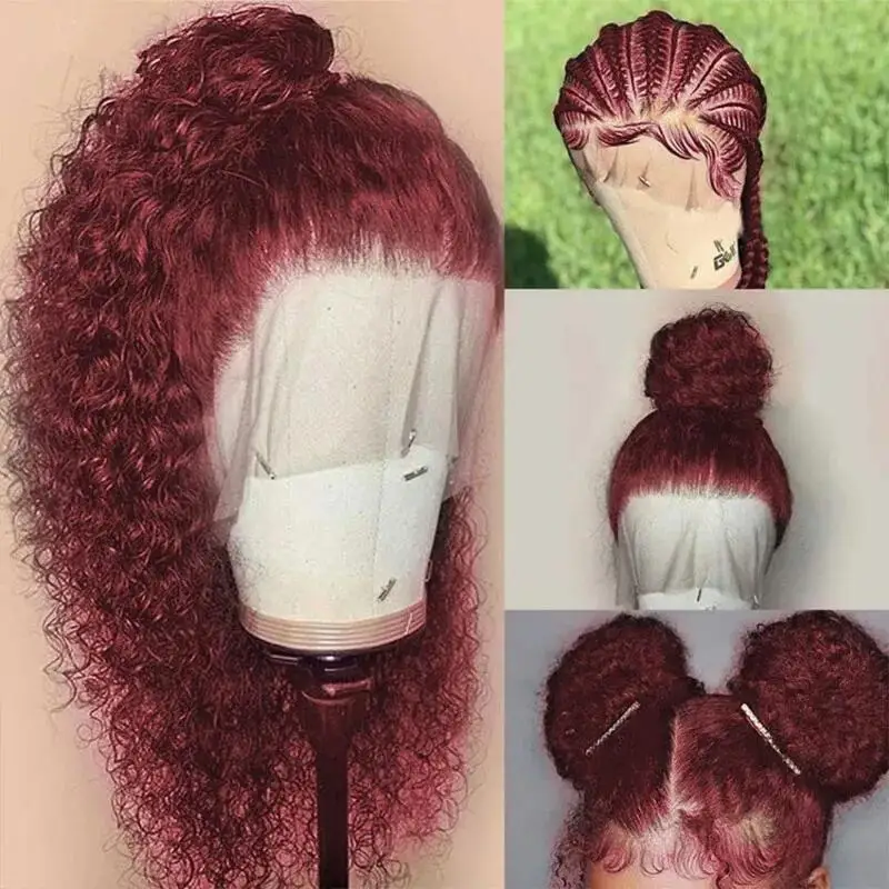 Peruca dianteira do laço encaracolado Glueless para mulheres, peruca Kinky, cabelo macio do bebê, cabelo sintético pré-arrancado, vermelho vinho, longo, 26 ", densidade 180%