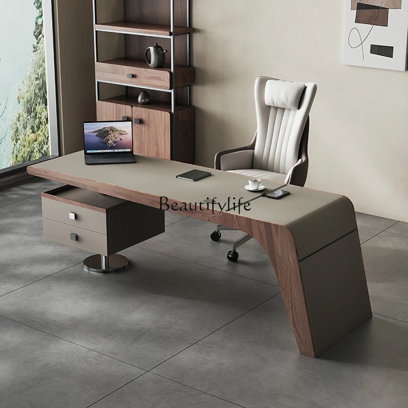 

Retro style high-end study office computer desk Italian minimalist solid wood special-shaped saddle leather desk