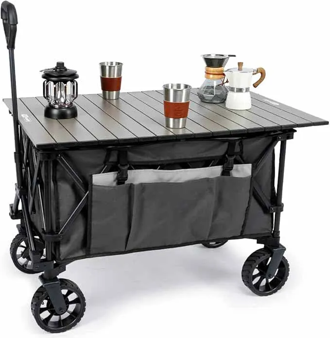 Folding Camping Wagon With Detachable Table, 300L Large Capacity, Heavy Duty Utility Cart With Tailgate
