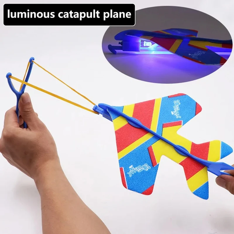 Kid Outdoor Light Up Foam Airplane Launcher Toys Rubber Band Flashing Catapult Aircraft Glider Slingshot Airplane Toy Children