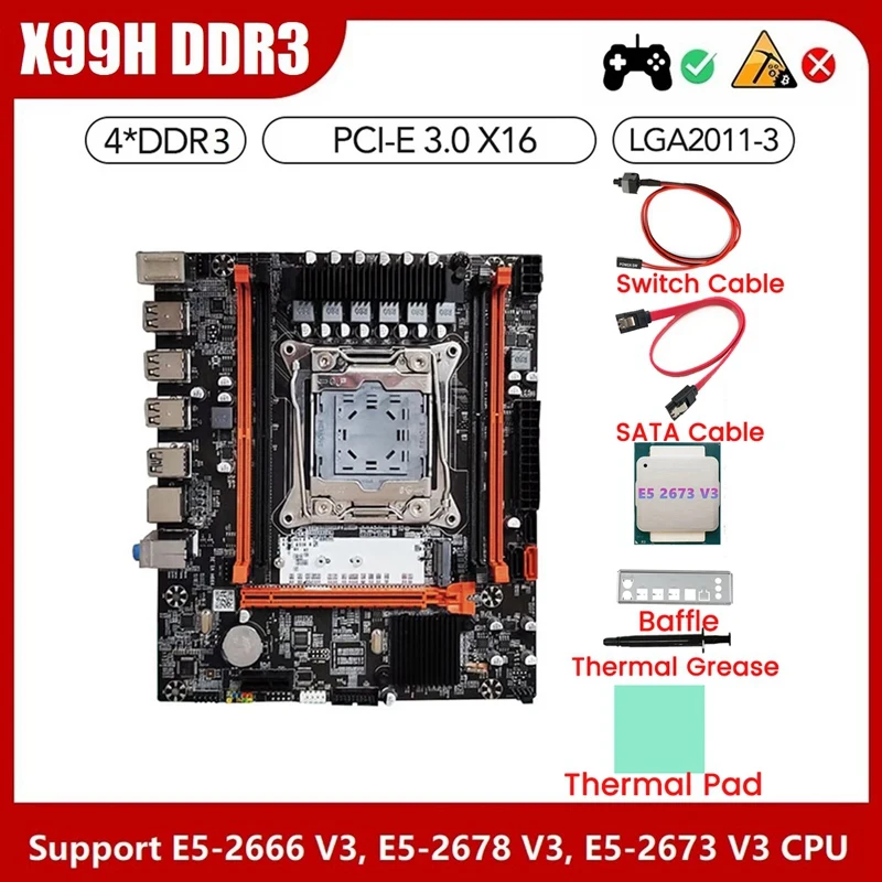 X99H Desktop Motherboard+E5 2673 V3 CPU+Thermal Grease LGA2011-V3 B85 DDR3X4 ECC Slot M.2 NVME PCI-E 3.0 X16