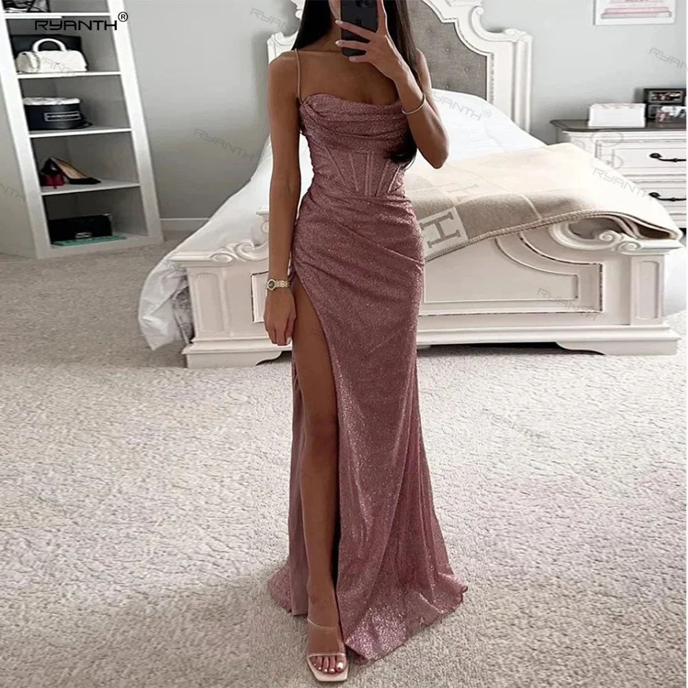 

Sparkly Side Split Mermaid Evening Dresses for Women Strapless Prom Dress Celebrity Dresses with Corset Shiny Banquet Dress