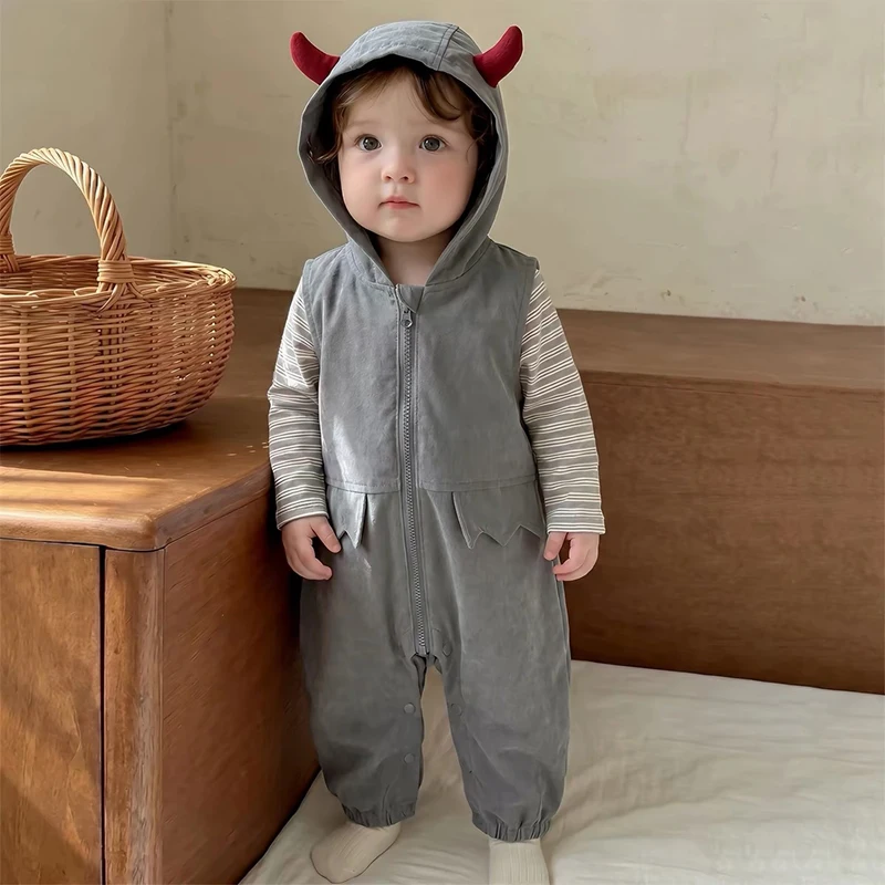 IYEAL Baby 2Pcs Outfit Set Striped Long Sleeve T-shirt + Devil Horn Hooded Sleeveless Romper Cute Cartoon Infant Jumpsuit Set