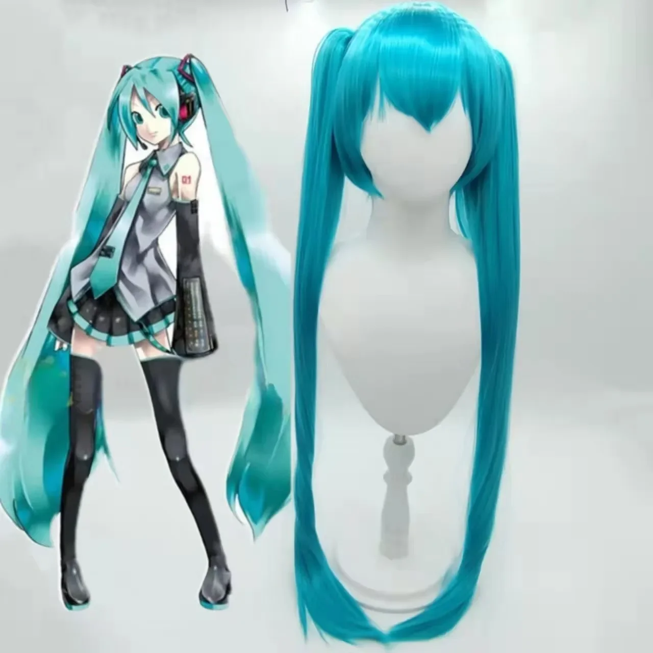 Turquoise Blue Cosplay Wig Long Straight With Bangs Double Ponytail Heat Resistant Synthetic Wig For Women