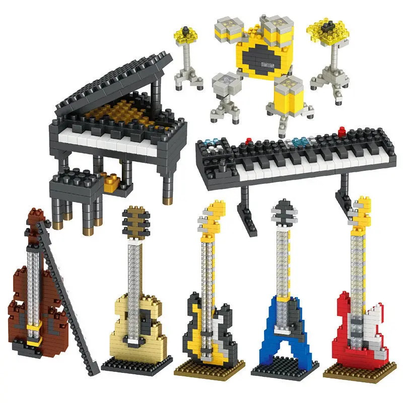 MOC klocki do budowania instrumentów muzycznych seria muzyczna ABS plastikowa Mini gitara fortepianowa DIY klocki montażowe zabawki edukacyjne dla dzieci