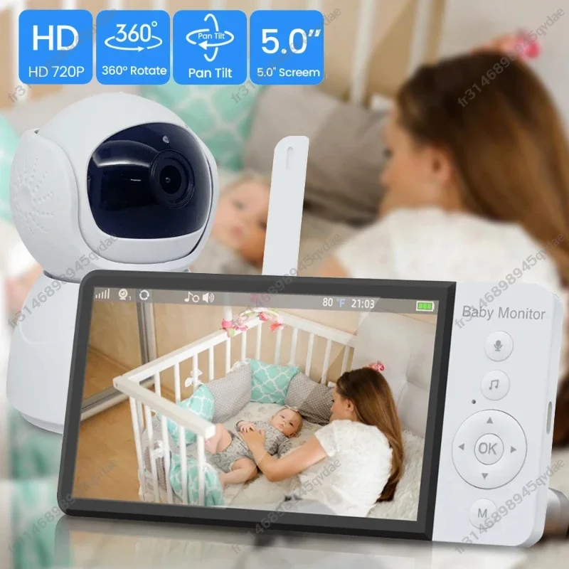 5.0 Inch Wireless Video Baby Monitor 5000mAh Battery IPS Screen with Nanny PTZ Camera 2-way Audio VOX Lullaby TF Card Record