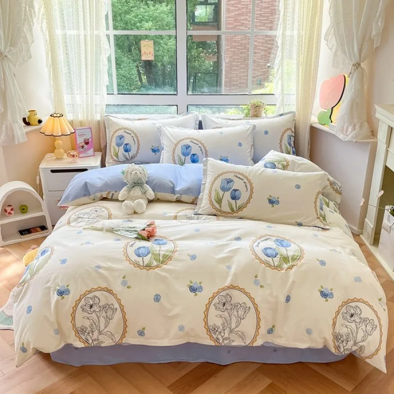 

Nordic Style 100% Cotton Bedding Set Duvet Cover with 2pc Pillowcase for Student Dormitory Flower Print Lady's Double King Bed