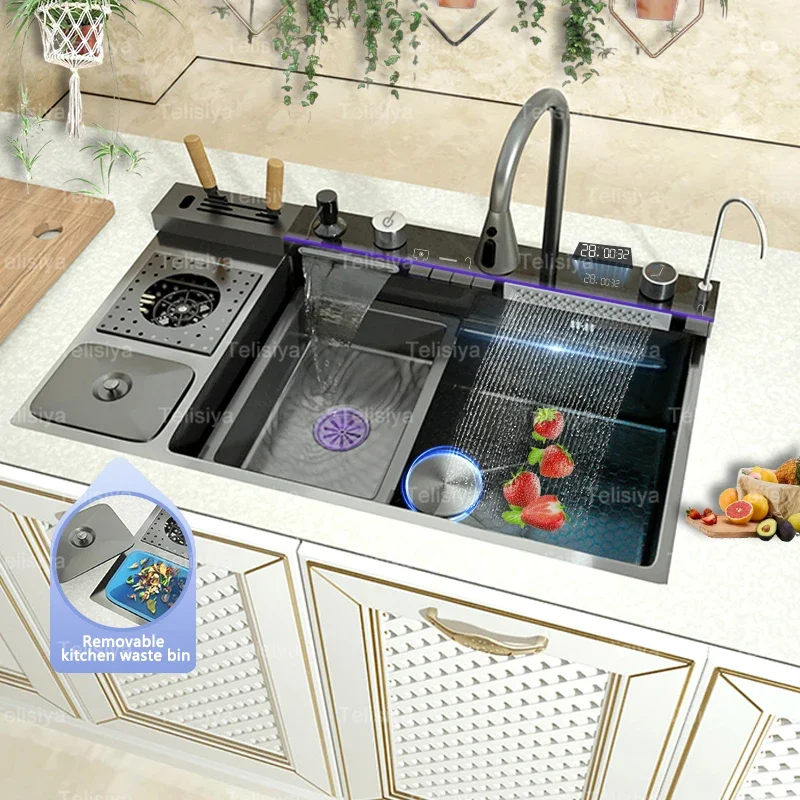 Multifunctional Vegetable And Bowl Wash Sink,Stainless Steel Kitchen Sink Waterfall with Trash Can Cup Extra Large Single Slot