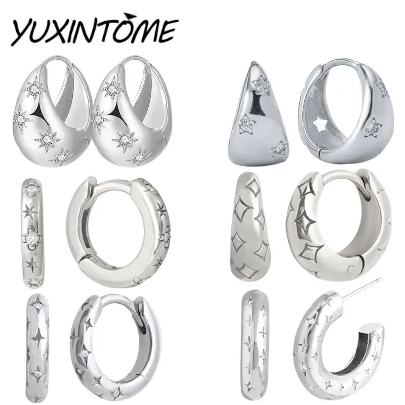 

925 sterling Silver Needle European American Fashion Star Zircon Carved Plain Earrings Women's Light Luxury Retro Jewelry Gift